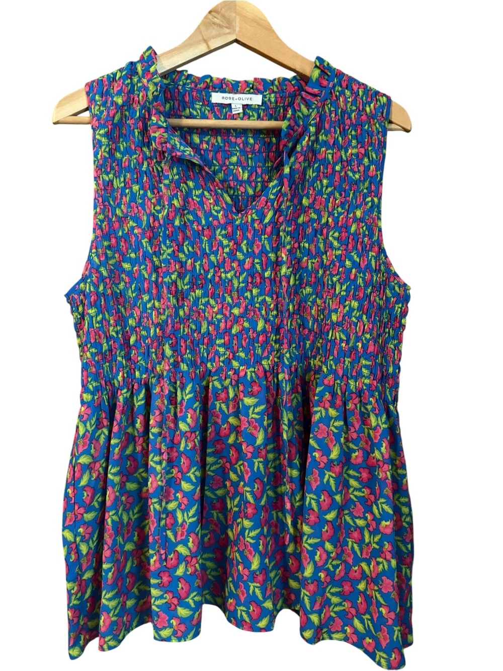 Rose & Olive Sleeveless Smocked Peplum Top - Blue, Pink Lime Green Floral Print